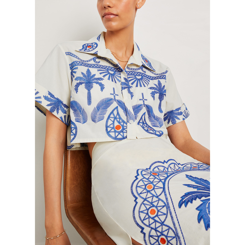 Johanna Ortiz Manyattas Shirt In Tropical Embroidery Ecru/Blue, Size 12