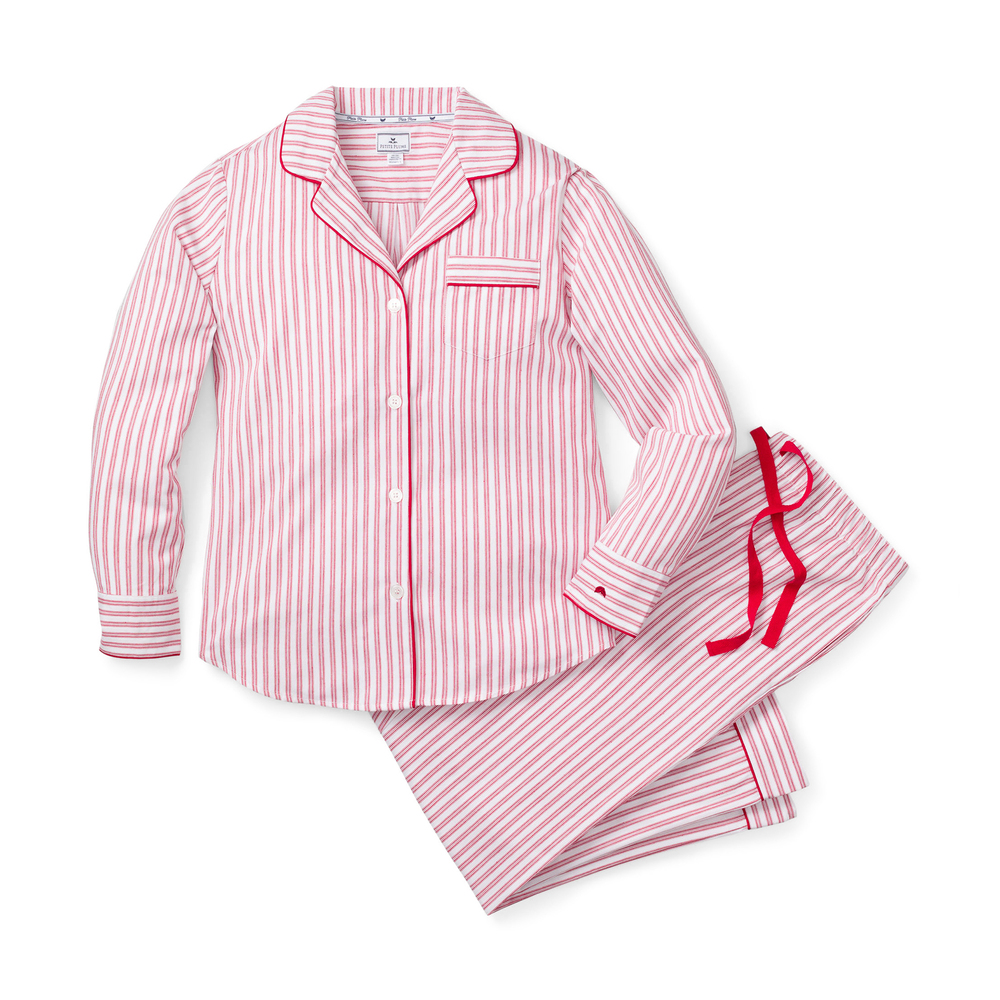 Petite Plume Ticking Striped Long-sleeve Pajama Set In Antique Red Ticking