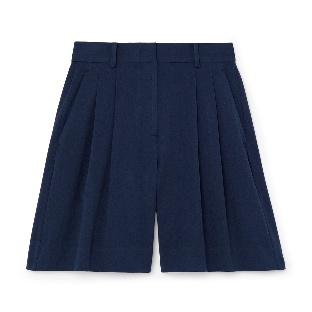 Staud Luisa Pleated Twill Shorts In Navy