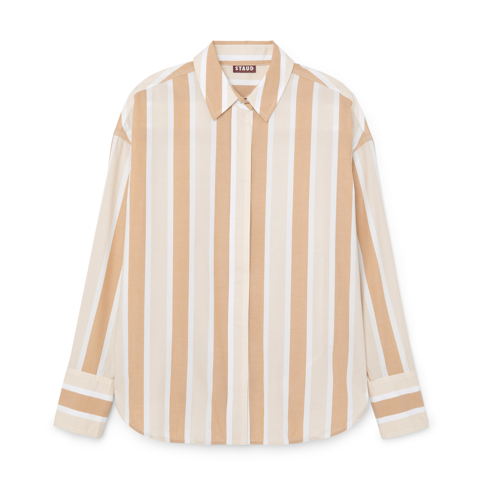 Shop Staud Colton Shirt In Sand Stripe