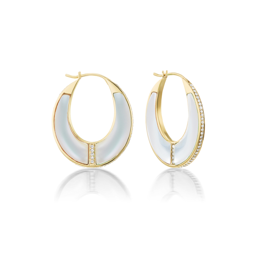Shop Sorellina Capri Inlay Hoops Earring In 18k Yellow Gold,pearl,diamonds