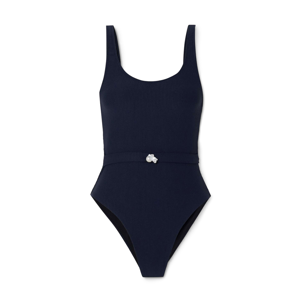 Sara Cristina Olympic Pearl-embellished Ribbed Swimsuit In Dark Navy