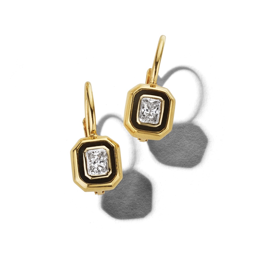 Nina Runsdorf Radiant Cut Diamond Single Drop Earrings In 18k Yellow And White Gold,diamond