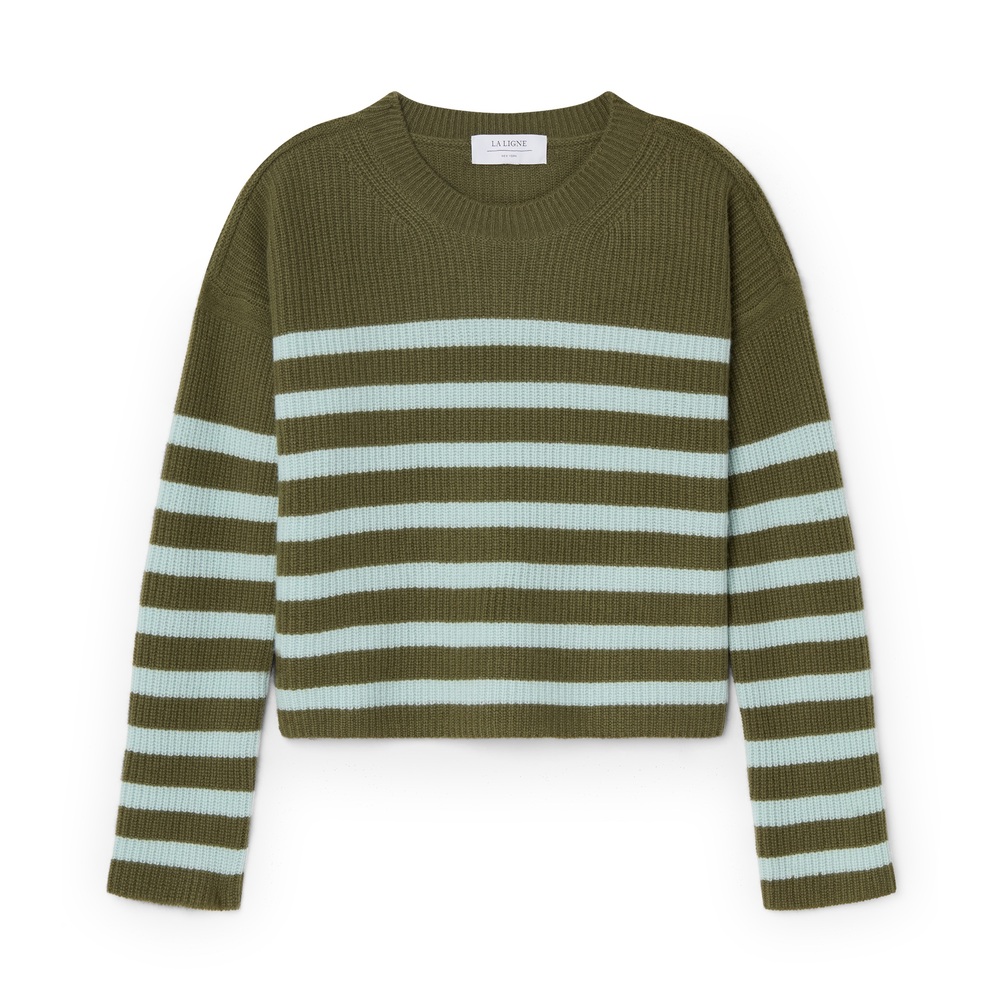 La Ligne Mini Striped Toujours Cashmere Sweater In Olive,seafoam
