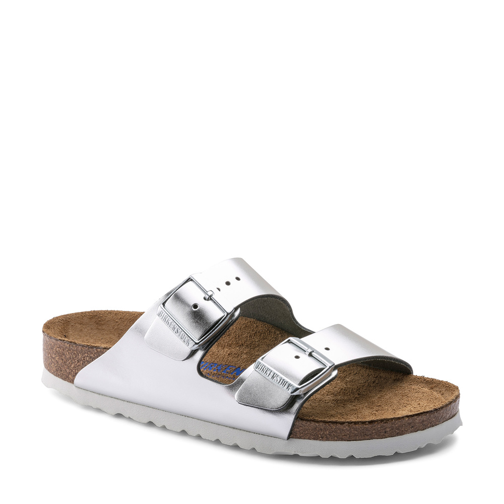 Shop Birkenstock Arizona Soft Footbed Sandals In Leather,metallic Silver