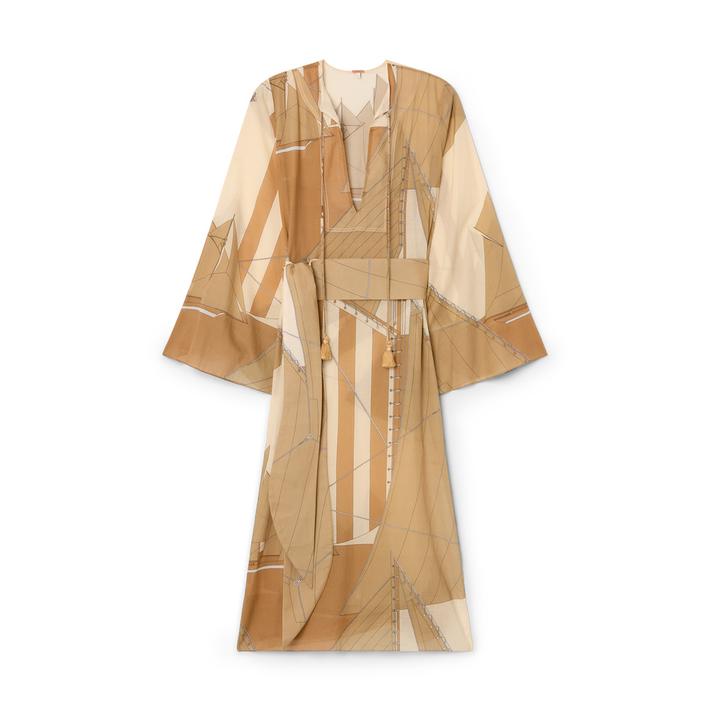 Johanna Ortiz Aqua Cruiser Printed Cotton Midi Dress In Sailboats-sand-ecru