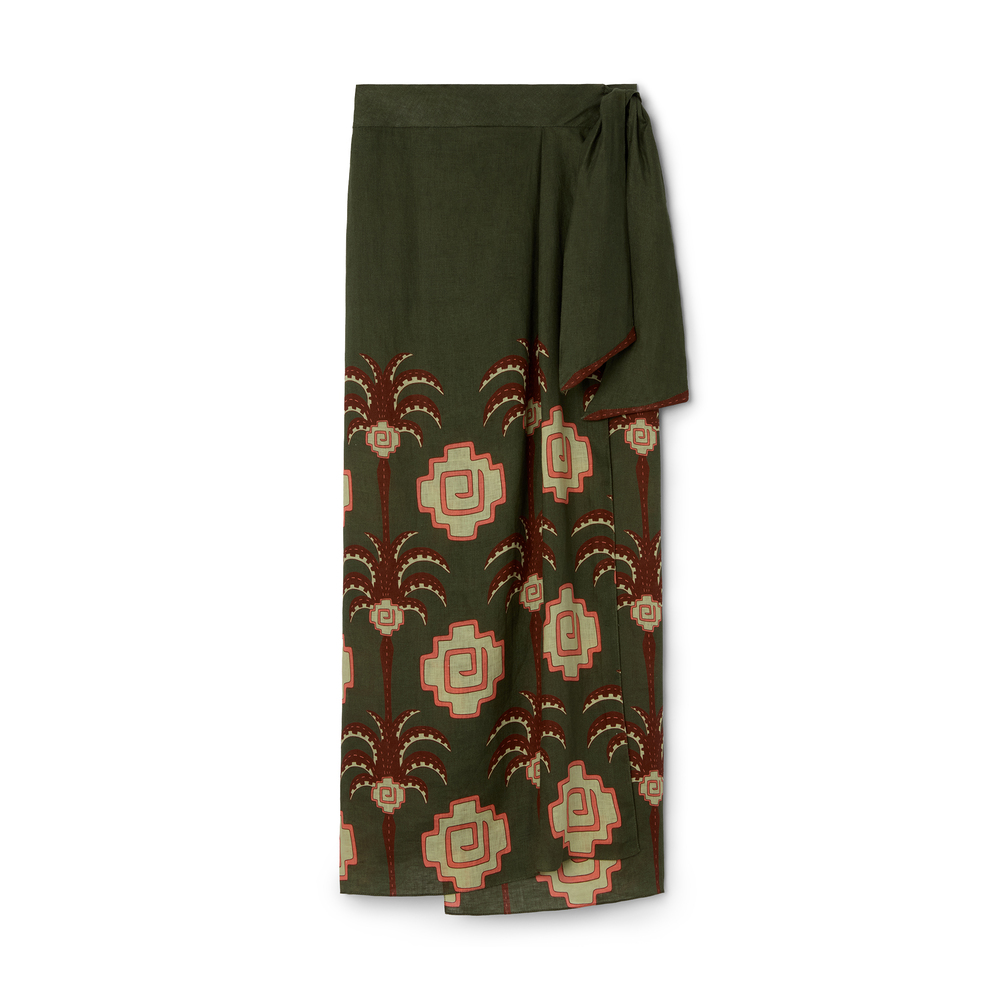 Johanna Ortiz Amazon Echoes Printed Linen Midi Wrap Skirt In Green