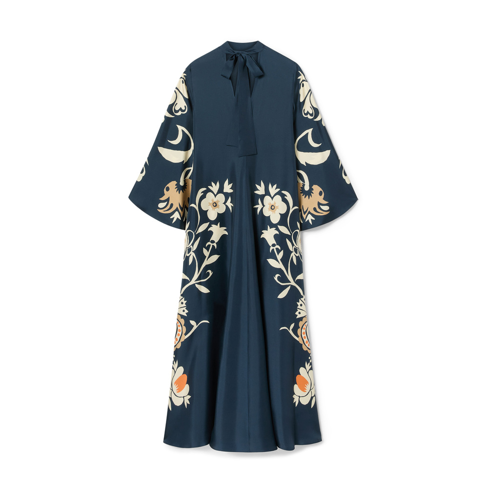 La Doublej La Double J Silk Twill Maxi Dress With Cascading Sleeves In Blue